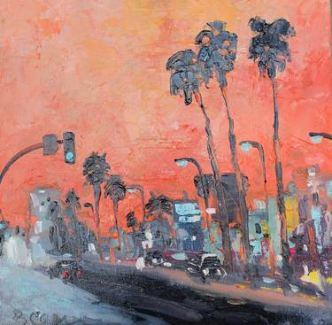 Hollywood night painting oil, Los Angeles night City painting Handmade California night Landscape palette knife painting thumb