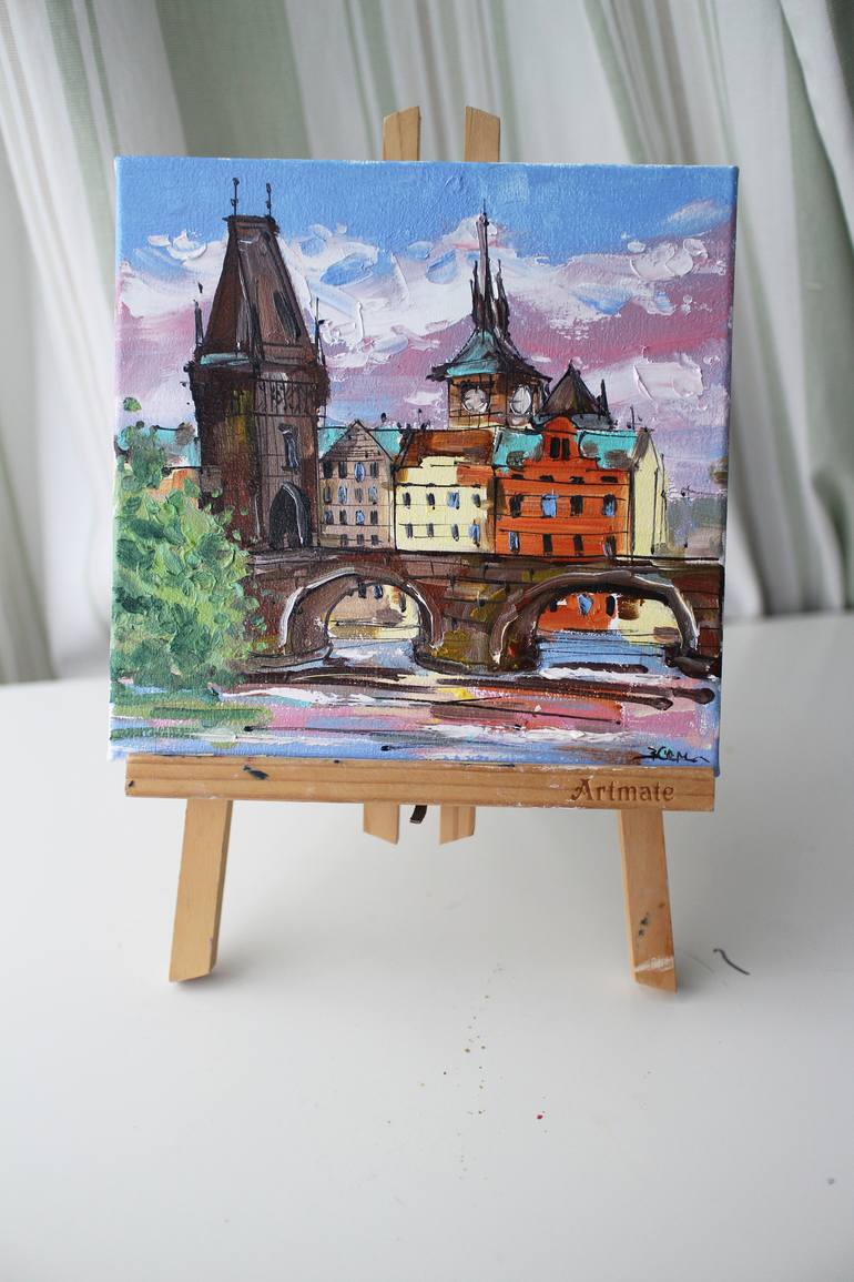 Painting Prague 2024 watercolor original Prague Czech Republic framed, watercolor The Gothic Powder Tower, Charles Bridge painting, Praha