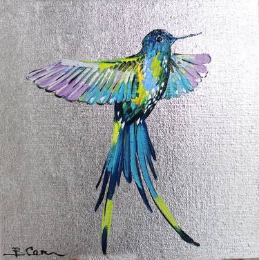 Blue green Hummingbird Painting with silver leaf, silver Leaf Art, silver painting, silver Leaf Texture Wall Art Oil Painting On Canvas thumb