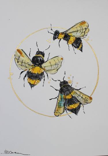 Bumble bee painting watercolor with gold leaf original framed geometry circle illustration bee painting home decor wall art gift thumb
