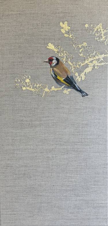 Goldfinch on Gold Leaf Blossom and Branch thumb