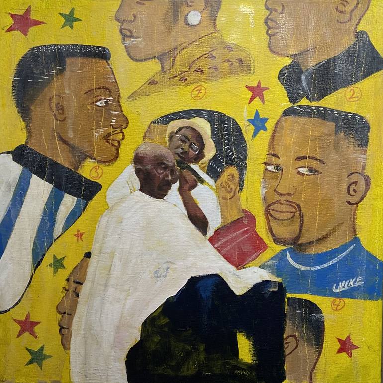 Original People Painting by Juan Otero | Folk Art on Hardboard | "A LITTLE OFF THE TOP"