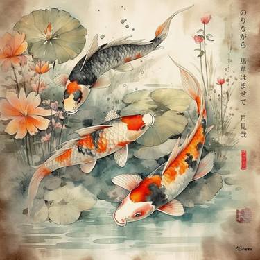 Japanese koi fishes RJ0063 Landscape pond Watercolor Haiku sumi-e thumb