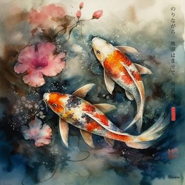 Japanese koi fishes RJ0064 Landscape pond Watercolor Haiku sumi-e thumb