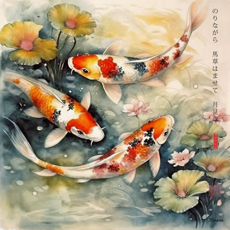 Japanese koi fishes RJ0065 Landscape pond Watercolor Haiku sumi-e ...