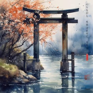 Japanese Shinto Shrine Gate Torii RJ0071 River Rain Watercolor thumb