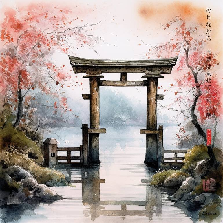 Japanese Shinto Shrine Gate Torii RJ0073 River Rain Watercolor Painting by  Ksavera Art