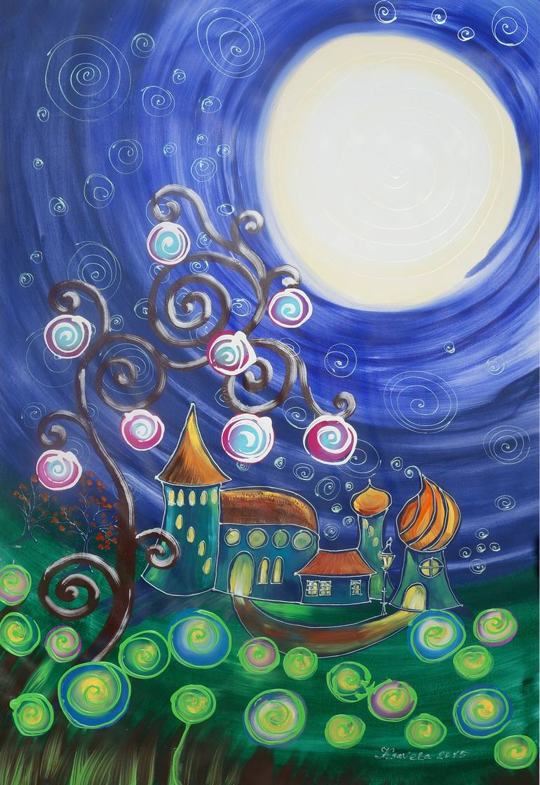 Enchanted Fairy Garden In Moon Night Large Blue Abstract Painting