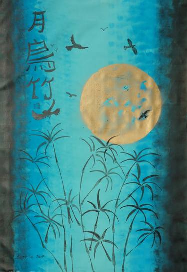 Moon Bamboo Birds Japanese Night Acrylic Painting 110x160 Cm - 