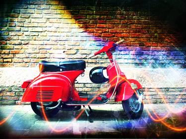 Vespa retro red motorbike Venice in Italy - photography print on canvas or paper 00706m1 thumb