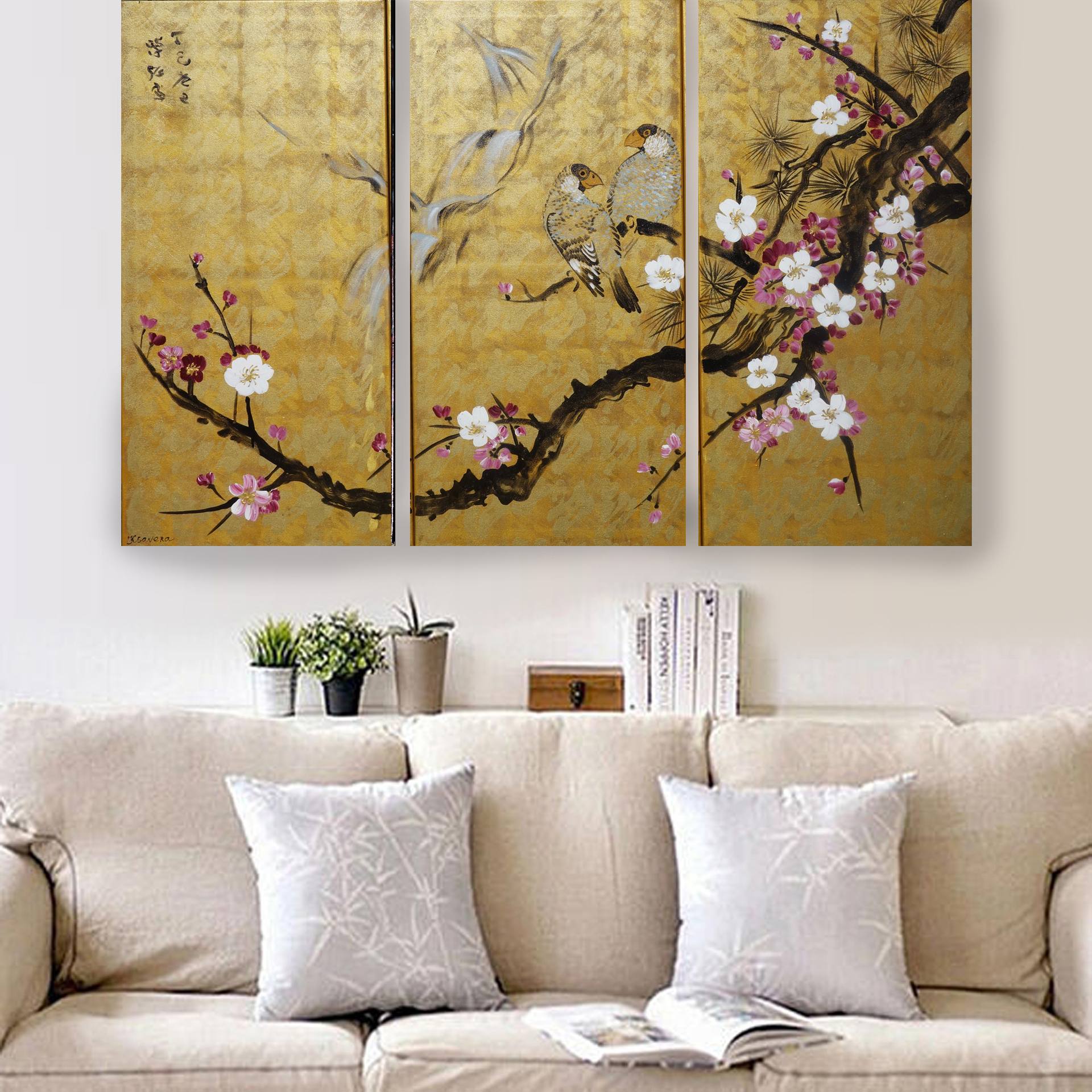 Art & Collectibles Oil Abstract blue landscape painting Sakura wall art