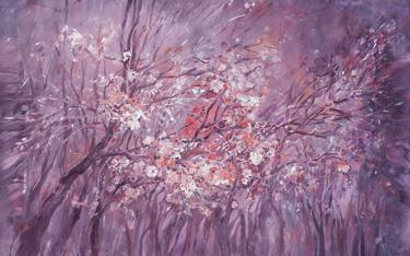 Large purple sakura painting 100x160 cm unstretched canvas "Cherry blossom" i002 violet art original artwork by artist Airinlea thumb