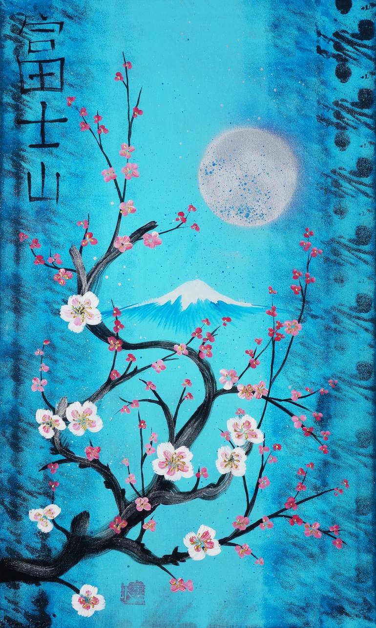 Japanese painting sakura branch sun and birds Japan Hieroglyph original  artwork in japanese style J181 wall art by artist Ksavera