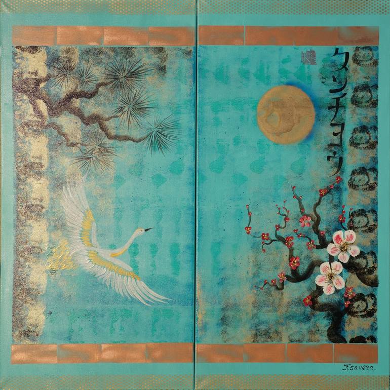 Japanese Crane Sun Japan Hieroglyph Turquoise Original J119 Painting Wall Art By Artist Ksavera Painting By Ksavera Art Saatchi Art