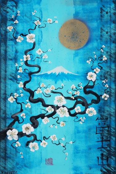 Japanese prints - Sakura brunch, sun, Japan, crane original blue artwork in japanese style J110 painting acrylic on stretched canvas wall art by artist Ksavera thumb