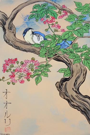 Japanese prints - Sakura brunch, sun, Japan, love birds original artwork in japanese style J092 painting acrylic on stretched canvas wall art by artist Ksavera thumb