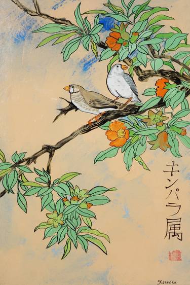 Japanese prints - Sakura brunch, sun, Japan, crane original artwork in japanese style J108 painting acrylic on stretched canvas wall art by artist Ksavera thumb