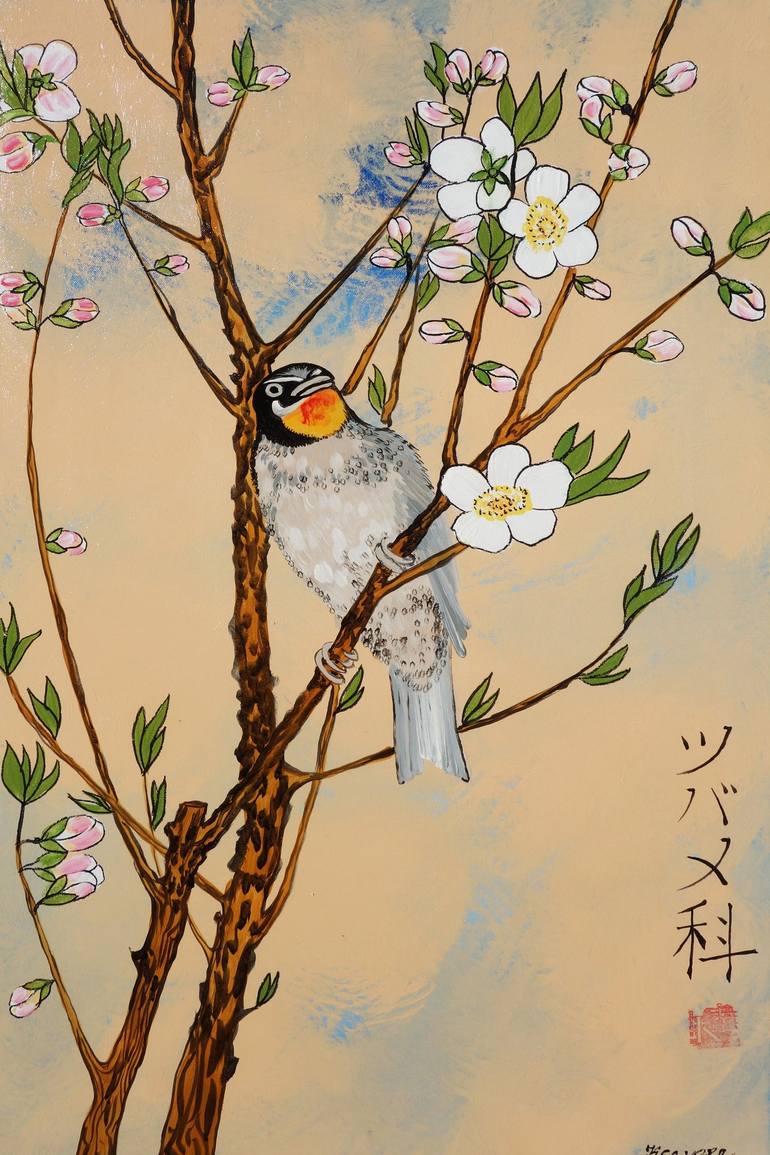 Japanese painting sakura branch sun and birds Japan Hieroglyph original  artwork in japanese style J181 wall art by artist Ksavera