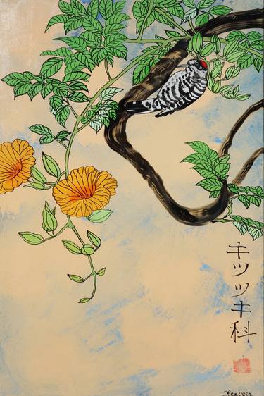 Japanese prints - Sakura brunch, sun, Japan, bird original red artwork in japanese style J106 painting acrylic on stretched canvas wall art by artist Ksavera thumb