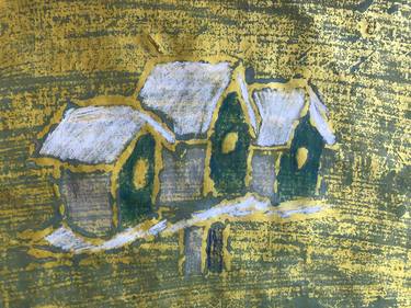 Snow on Birdhouses in Yellow and Green - Limited Edition of 1 thumb