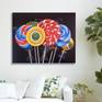 Acrylic on canvas painting of assorted style lollipops wrapped in cellophane. Inspired by the variety of geometric shapes based on a circle that these particular lollipops posses. This art is ready to hang with gallery style wrap canvas sides and wire and hooks attached. the painting is glazed to enhance colour and to protect the surface.