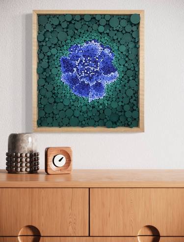 Wood wall art - "A Blue Peony" - dowel pointillism thumb