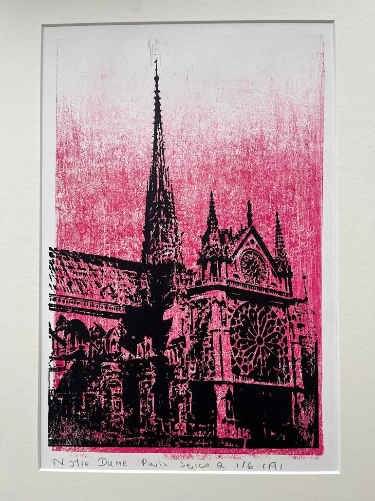 Original Architecture Printmaking by Mania Row | Expressionism Art on Paper | Notre Dame, Paris series 2 six six woodcuts , black and red