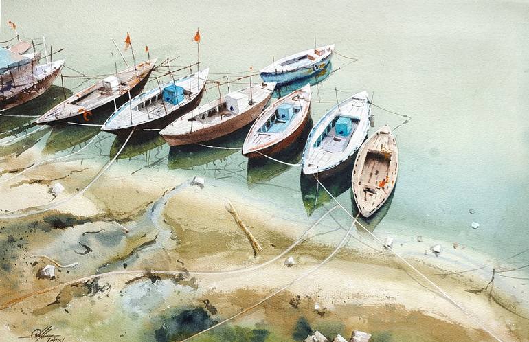 Boat on The Lake | Landscape View | Watercolor Painting by Achintya Hazra