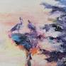 Abstract painting of Ukrainian sunset and 2 storks above old house in sunset lights. Painting have expressionism features