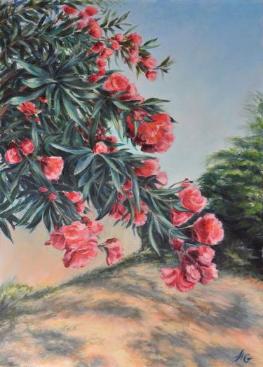 Oleander in the yard_oil painting thumb