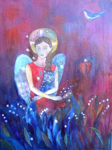 Angel with cat - oil on canvas painting thumb