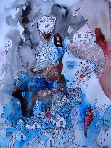 Village poetry - ink, watercolour paintig thumb