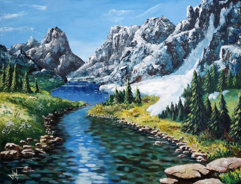 river and mountain painting