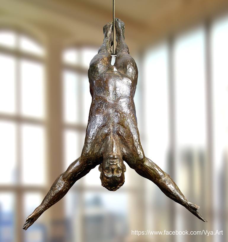 Free Fall (Cast bronze sculpture of a Diver Plunging ceiling mounted) - Print