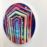 Acrylic and acrylic spray paint on round wood panel, 16" diameter. Hangs flat on the wall on a screw. No framing needed, sides painted white; signed, titled and labeled on the back.