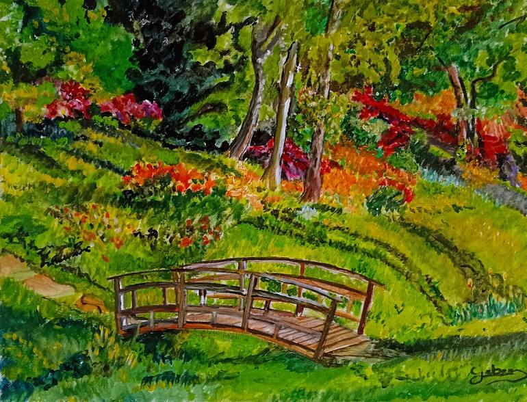 Original Garden Painting by Isabelle Lucas | Impressionism Art on Canvas | Little bridge in the countryside