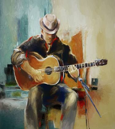 Guitar player on black. figurative romantic original painting. Painting by  Vita Schagen