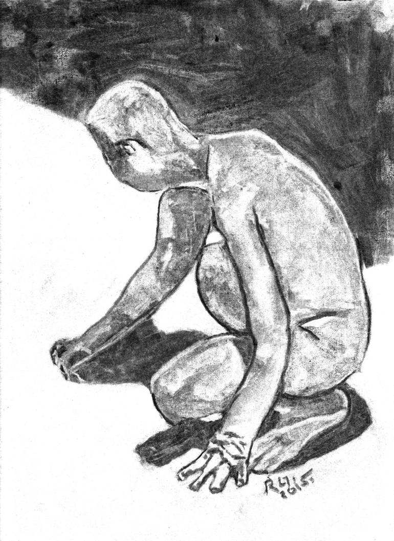 crouching person back view