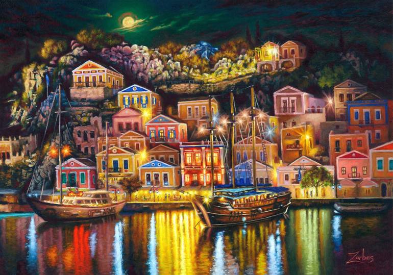 A Night in Chania Crete, Greece Painting by Zac Zorbas | Saatchi Art
