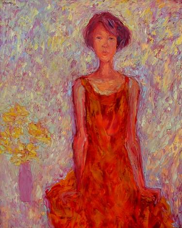 Girl with Red Dress and Yellow Flower thumb