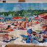 busy beach in the south of France based on an old photograph.
I am drawn to depictions of leisure as beach or pool is a place where people are partly naked yet unaware and in a 'natural' setting
so in some way this subject matter is timeless. I am drawn on the other hand to a nostalgic pleasure and it is difficult for me to separate the two, nostalgia from the depiction of pleasure if not impossible. This intersection is what I find interesting.