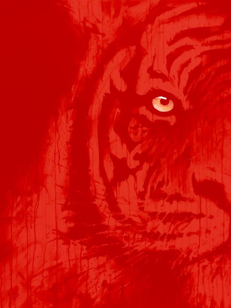 Original Animal Mixed Media by Liam Downes | Black & White Art on Acrylic | Eye of the Tiger in Red