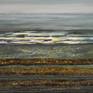 This painting is from the series Horizon
During a holiday on one of the islands in the north of the Netherlands, Gita was struck by the wide flat landscape. This kind of landscape gave her a feeling of freedom.
It was an inspiration to make a number of paintings in this theme.
The simplicity of the subject, gave her the opportunity to experiment with a variety of materials.
 As a result, each painting has a different unique atmosphere.
For this work, in the collage technique, she used fabric,   and acrylic paint in green and grey tones.