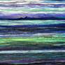 During a holiday on one of the islands in the north of the Netherlands, Gita was struck by the wide flat landscape. This kind of landscape gives her a feeling of freedom.
It was an inspiration to make a number of paintings in this theme.
The simplicity of the subject, gave her the opportunity to experiment with a variety of materials.
As a result, each painting has a different unique atmosphere.
For this work, in the collage technique, she used fabric, t and acrylic paint in blue,green and purple tones.