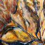 This series is about the beauty of autumn. The artist finds the shape of a dried autumn leaf interesting, The curled shape is inspiring. It's about the rhythm of nature, seasons, the circle of life.
For this artwork she used fabric, paper and acrylic paint in orange, white and green tones.