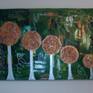 This abstract painting of copper trees in a forest has been painted using acrylics, three dimensional acrylics and course texture paste. The painting is painted around the sides ready to hang on the wall without the need to frame