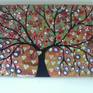A colourful tree painting with an autumn theme using acrylics, three dimensional acrylics, glitter and gold leaf on a box canvas and painted around the sides ready to hang on the wall