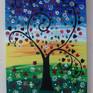 A quirky, colourful painting of a quirky tree with lots of shapes and flowers using acrylics and some glitter and painted on a box canvas. The painting is painted around the sides ready to hang on the wall without the need to frame