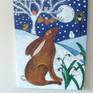 A quirky little painting of a hare moon gazing with snowdrops and owls on a silver tree and painted in acrylics on canvas.I have also used three dimensional acrylics on the tree. The painting is painted around the sides ready to hang on the wall