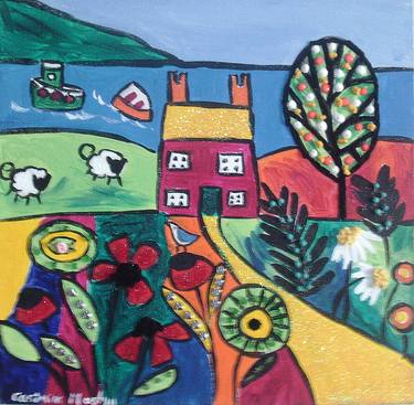 Colourful Naive seascape with flowers  painting on canvas thumb